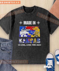 Made in Kansas A Long Time Ago state mashup logo on a washed t-shirt showcasing local pride and vintage style.