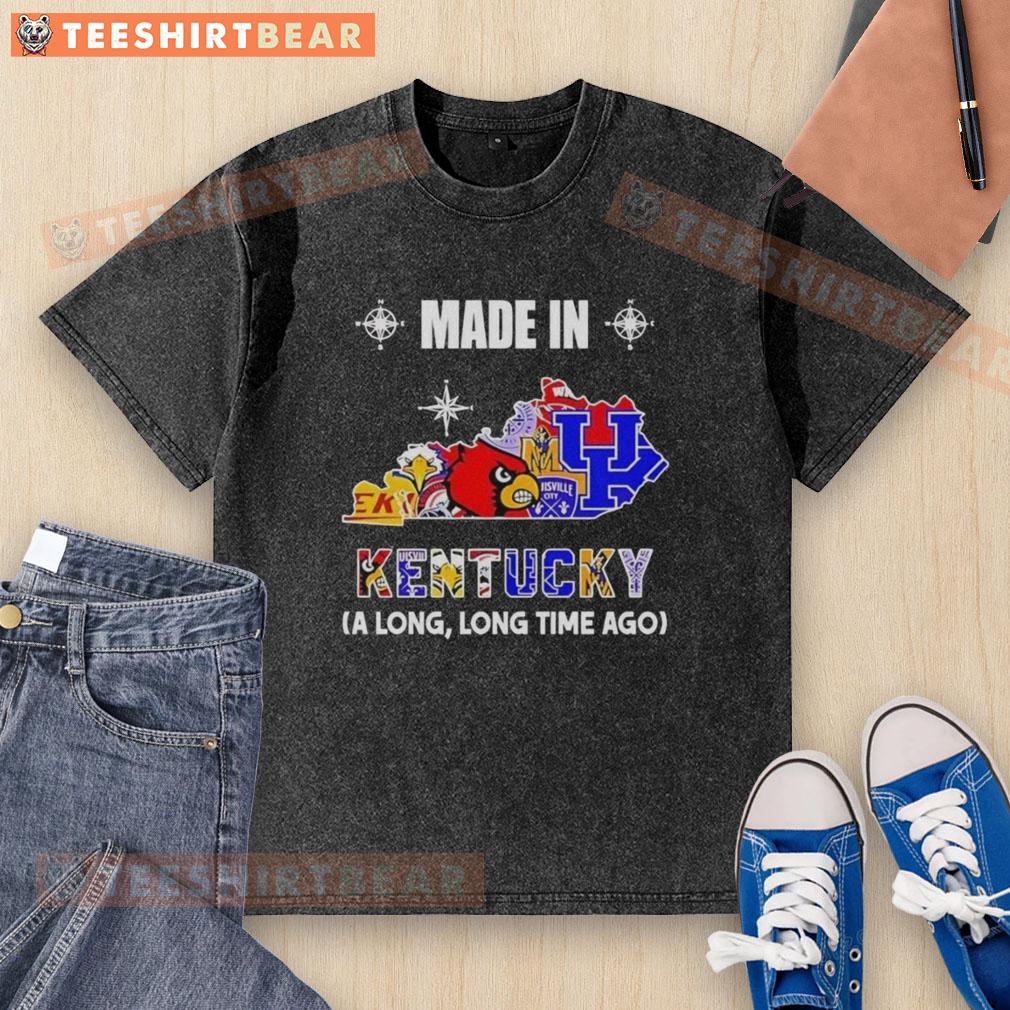 official-made-in-kentucky-a-long-long-time-ago-state-mashup-logo-teams-washed-t-shirt Alt Text: Official Made in Kentucky A Long Long Time Ago state mashup logo on a teams washed t-shirt.