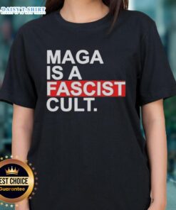 Alt Text: Official MAGA Is A Fascist Cult Ice Ladies Tee featuring bold graphic design and vibrant colors for political apparel.