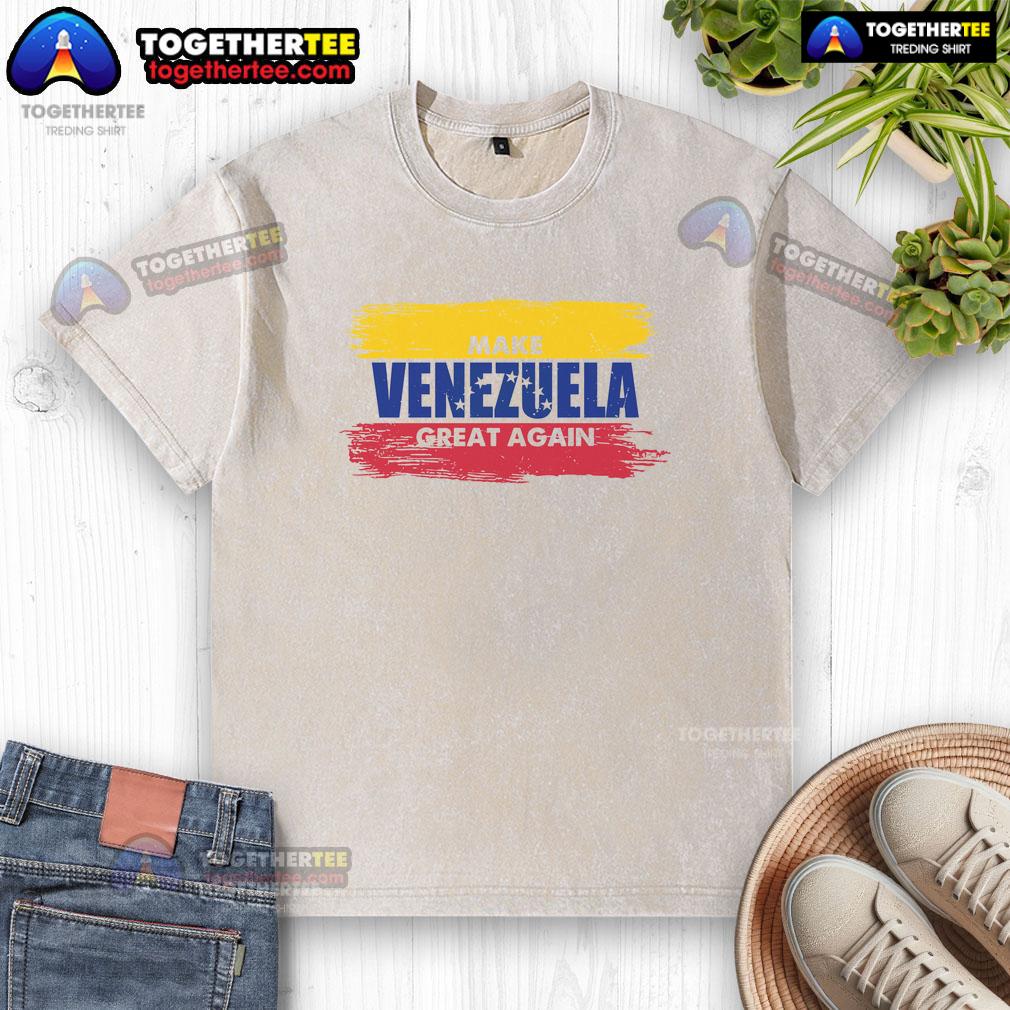 Official Make Venezuela Great Again Flag Washed T Shirt Alt Text: Official Make Venezuela Great Again flag design on a washed T-shirt for patriotic supporters.