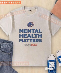 Official Boise State Broncos washed t-shirt promoting mental health awareness with vibrant team colors and logo.