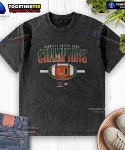 Official Miami Football CFP Cotton Bowl Champions washed t-shirt featuring team logo and championship design.