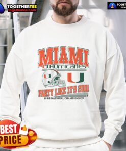 Alt Text: Official Miami Football CFP Party Like It's 2001 Sweatshirt featuring vibrant team colors and logo design.