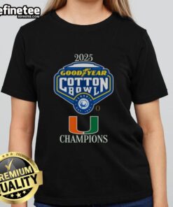 Alt Text: Official Miami Hurricanes 2025 Goodyear Cotton Bowl logo on a stylish ladies tee, perfect for game day.