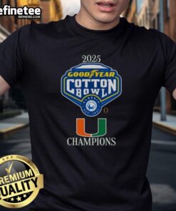 Alt Text: Official Miami Hurricanes 2025 Goodyear Cotton Bowl Logo T-Shirt featuring vibrant team colors and logo design.