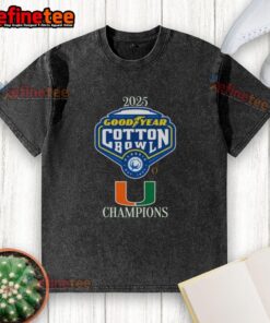 Official Miami Hurricanes 2025 Goodyear Cotton Bowl logo on a washed t-shirt, perfect for game day attire.