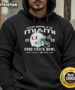 Alt Text: Official Miami Hurricanes 2026 Playoff Semifinal hoodie featuring Fiesta Bowl helmet design, perfect for fans.