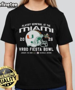 Official Miami Hurricanes 2026 Playoff Semifinal Vrbo Fiesta Bowl ladies tee featuring team logo and vibrant design.