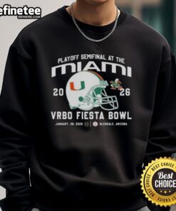 Alt Text: Official Miami Hurricanes 2026 Playoff Semifinal helmet sweatshirt featured at the Vrbo Fiesta Bowl event.