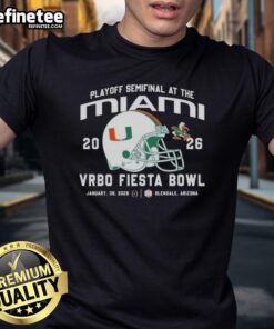 Alt Text: Official Miami Hurricanes 2026 Playoff Semifinal T-shirt featuring helmet design from Vrbo Fiesta Bowl.