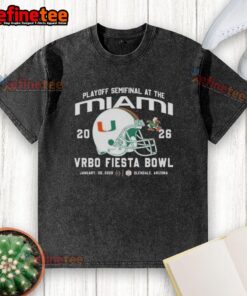 Official Miami Hurricanes 2026 Playoff Semifinal Vrbo Fiesta Bowl helmet washed t-shirt showcasing team pride.