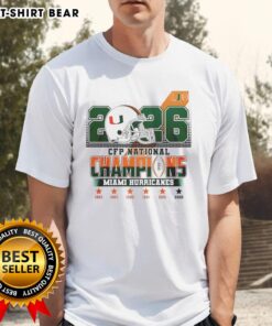 Official Miami Hurricanes CFP National Champions 2026 T-shirt featuring vibrant team colors and logo.