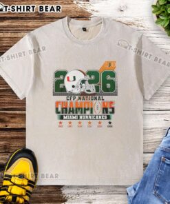 Official Miami Hurricanes CFP National Champions 2026 washed t-shirt featuring team logo and vibrant colors.