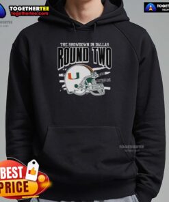 Official Miami Hurricanes NCAA CFP The Showdown in Dallas Round Two helmet hoodie featuring team colors and logo.