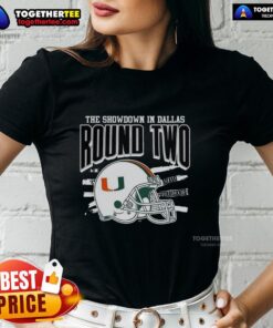 Official Miami Hurricanes NCAA CFP The Showdown in Dallas Round Two helmet design on a ladies tee shirt.