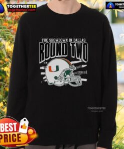 Alt Text: Official Miami Hurricanes NCAA CFP The Showdown in Dallas Round Two helmet sweatshirt, featuring team colors and logo.