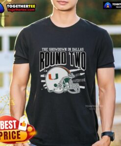 Alt Text: Official Miami Hurricanes NCAA CFP The Showdown in Dallas Round Two helmet T-shirt featuring team logo and design.