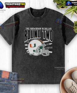 Official Miami Hurricanes NCAA CFP The Showdown in Dallas Round Two helmet washed t-shirt featuring vibrant team colors.