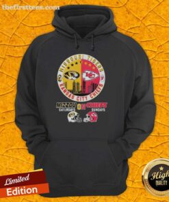 Alt Text: Missouri Tigers and Kansas City Chiefs helmet logo mashup hoodie, perfect for game days and sports fans.