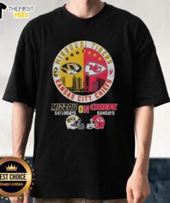 Alt Text: Official Missouri Tigers and Kansas City Chiefs helmet logo mashup T-shirt for game day fans.