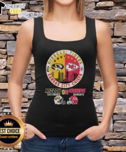 Stylish tank top featuring a mashup of Missouri Tigers and Kansas City Chiefs helmet logos for game day.