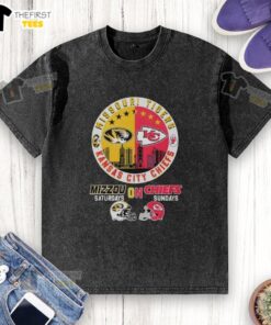 Alt Text: Official Missouri Tigers and Kansas City Chiefs helmet logo mashup on a washed t-shirt for fans.
