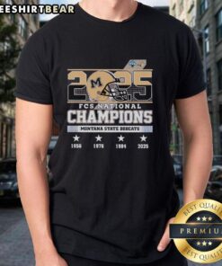 Alt Text: Official Montana State Bobcats FCS National Champions 2025 Helmet T-Shirt showcasing team pride and championship spirit.
