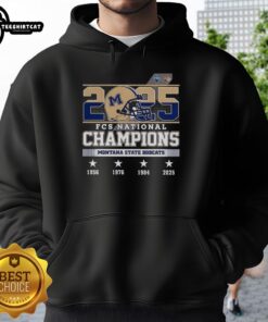 Alt Text: Official Montana State Bobcats FCS National Champions 2025 hoodie featuring the iconic helmet logo design.
