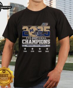 Alt Text: Official Montana State Bobcats FCS National Champions 2025 helmet logo t-shirt featuring vibrant team colors.