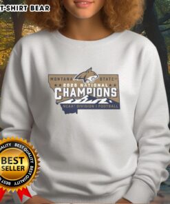 Alt Text: Official Montana State Bobcats Football 2025 National Champions sweatshirt featuring NCAA Division I state logo.