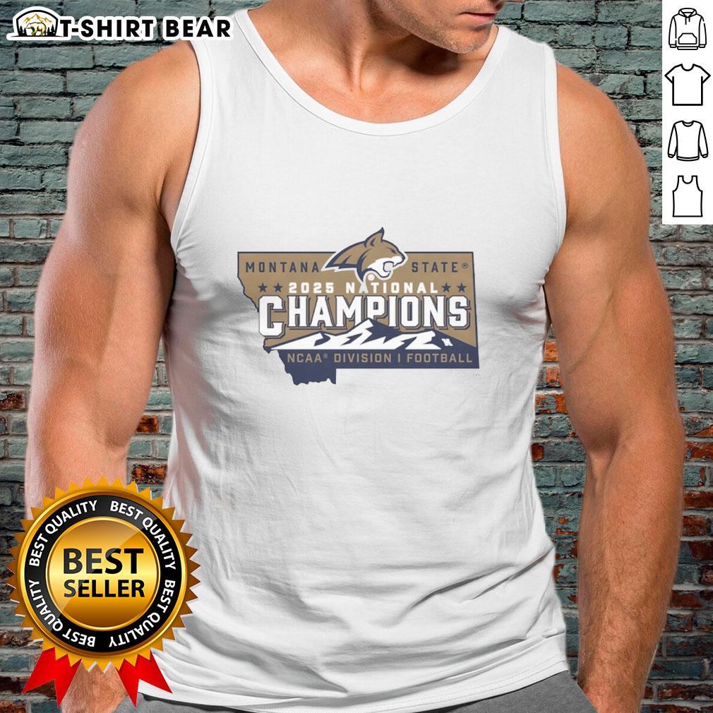Official Montana State Bobcats Football 2025 National Champions Ncaa Division I State Logo Tank Top Montana State Bobcats Football 2025 National Champions NCAA Division I logo tank top in blue and gold design.