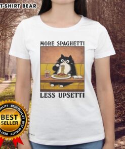Black cat enjoying Italian food on a 'More Spaghetti Less Upsetti' ladies tee, perfect for cat lovers and foodies.
