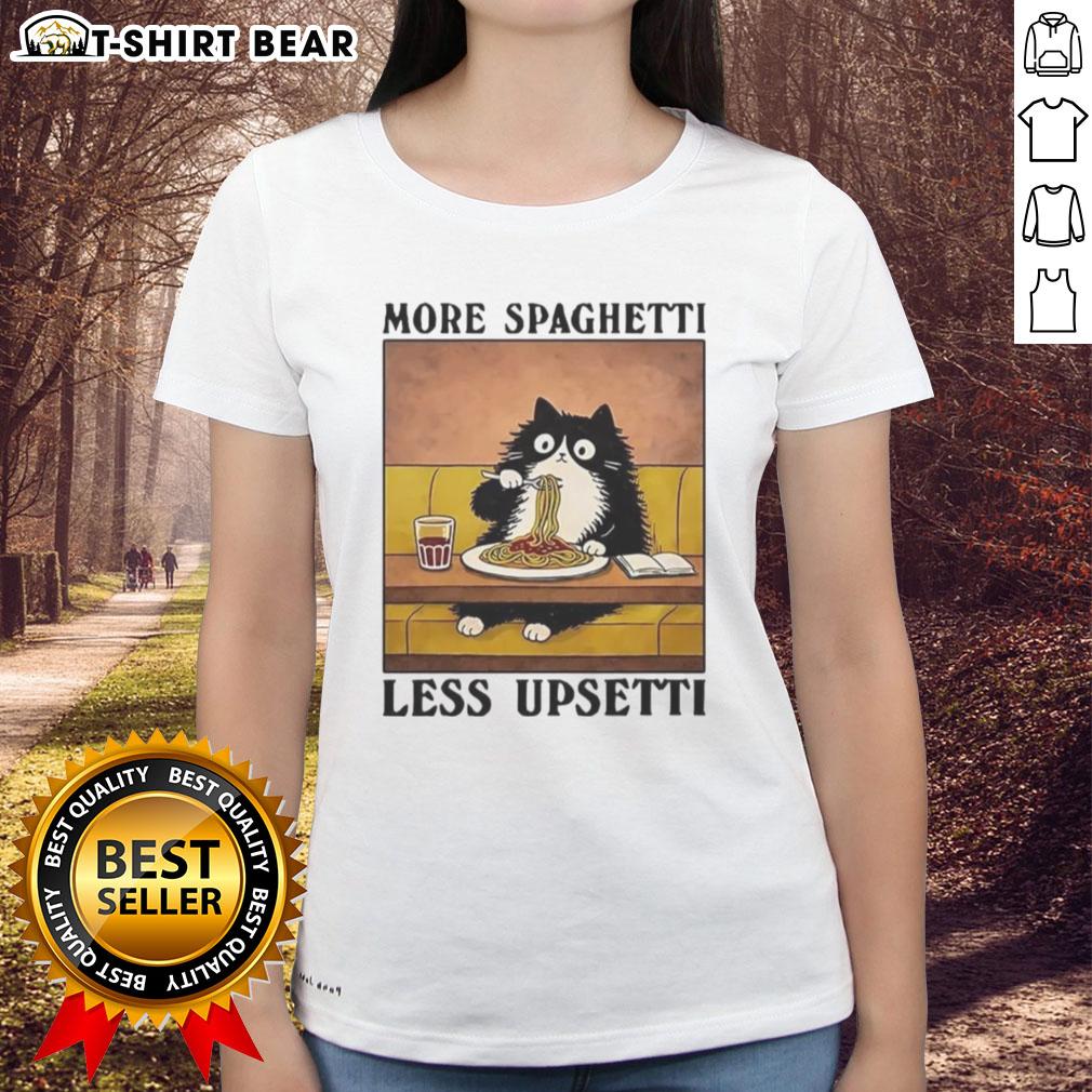 Official More Spaghetti Less Upsetti Black Cat Eating Italian Food Ladies Tee Black cat enjoying Italian food on a 'More Spaghetti Less Upsetti' ladies tee, perfect for cat lovers and foodies.
