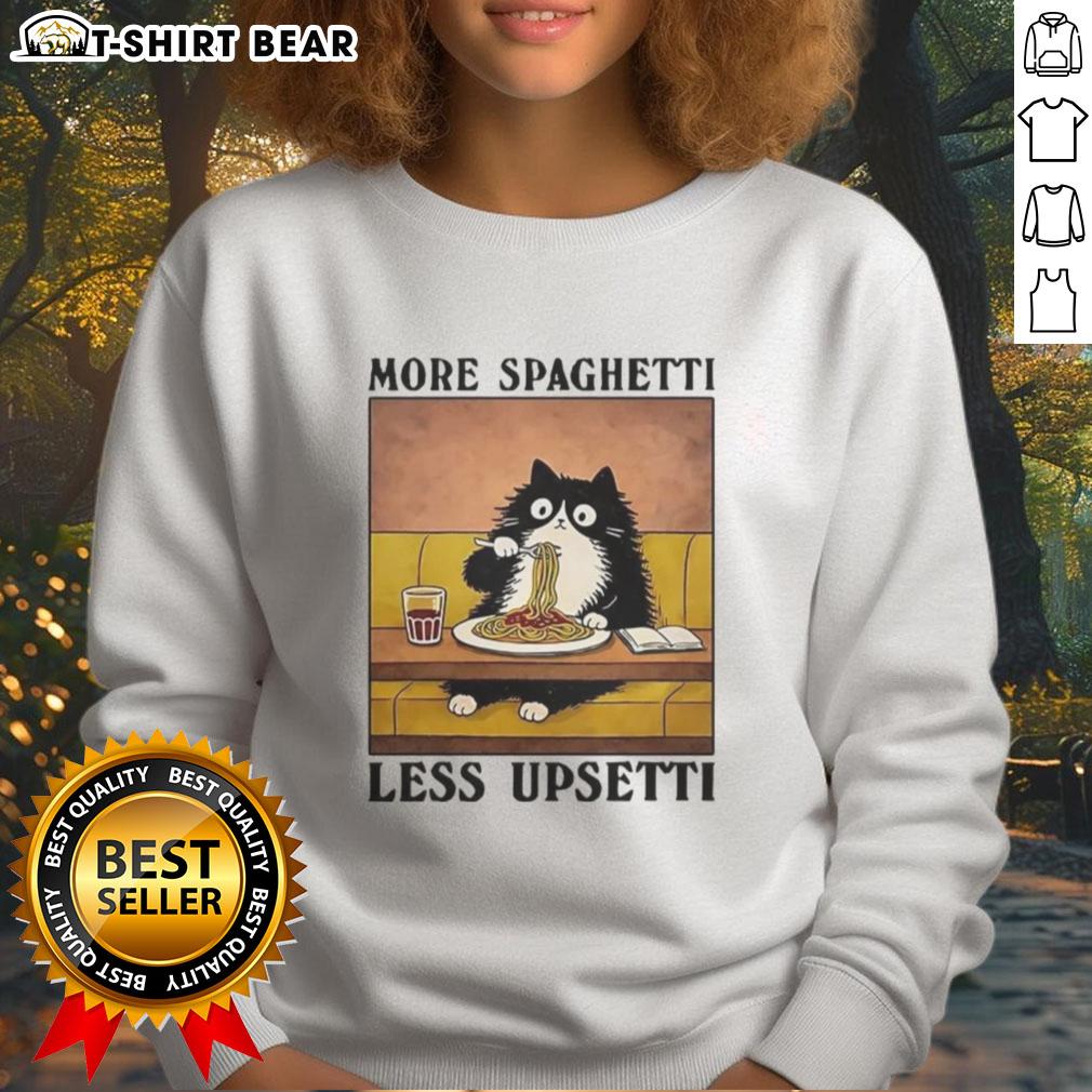 Official More Spaghetti Less Upsetti Black Cat Eating Italian Food Sweatshirt Alt Text: Black cat enjoying Italian food while wearing the More Spaghetti Less Upsetti sweatshirt, perfect for cat lovers.