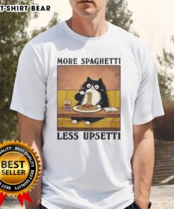 Alt Text: Official More Spaghetti Less Upsetti T-Shirt featuring a black cat enjoying Italian food, perfect for cat lovers.