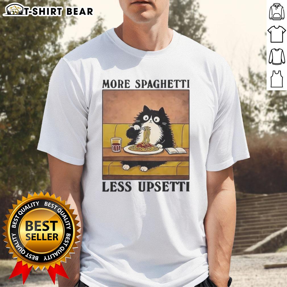 Official More Spaghetti Less Upsetti Black Cat Eating Italian Food T Shirt Alt Text: Official More Spaghetti Less Upsetti T-Shirt featuring a black cat enjoying Italian food, perfect for cat lovers.