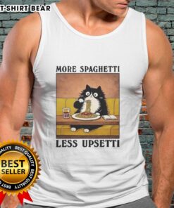 Black cat enjoying Italian food in 'More Spaghetti Less Upsetti' tank top, perfect for cat lovers and pasta fans.