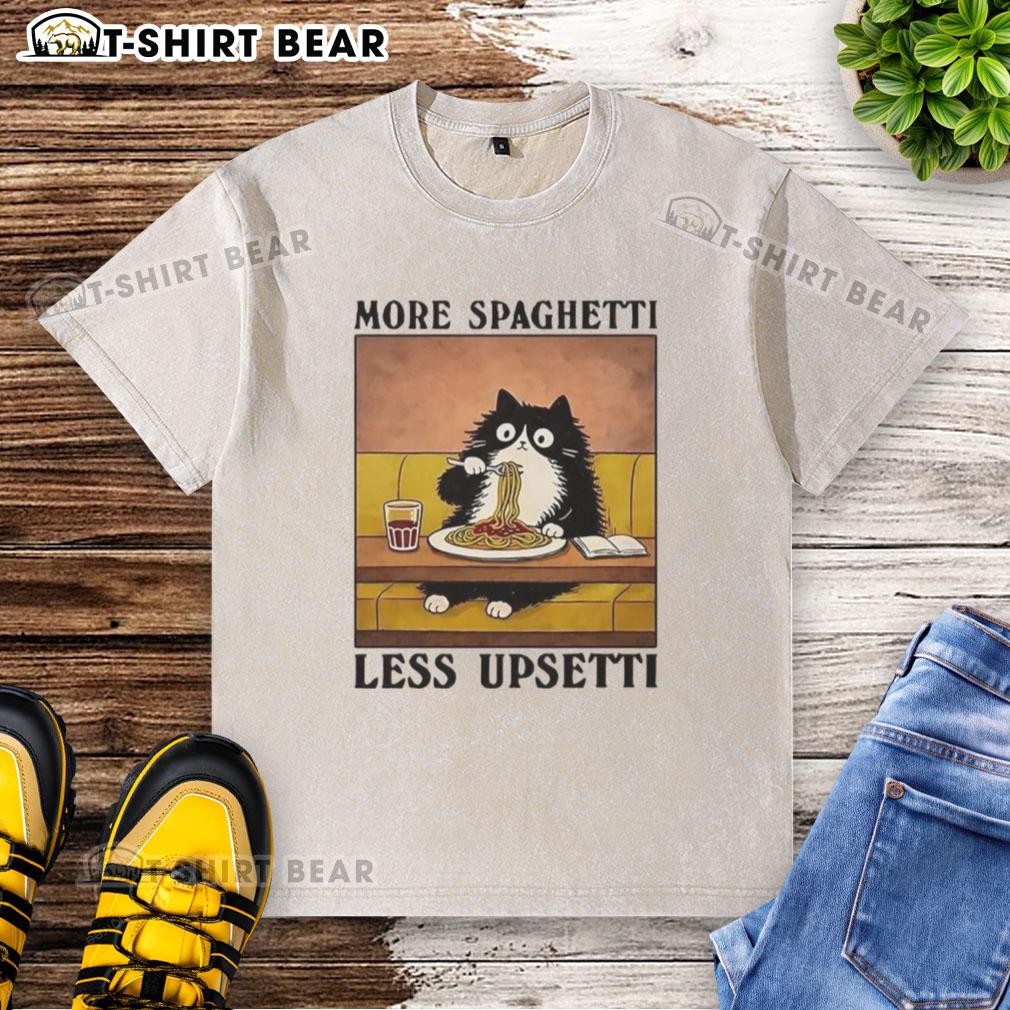 Official More Spaghetti Less Upsetti Black Cat Eating Italian Food Washed T-Shirt Alt Text: Black cat enjoying spaghetti on a washed t-shirt featuring More Spaghetti, Less Upsetti design.