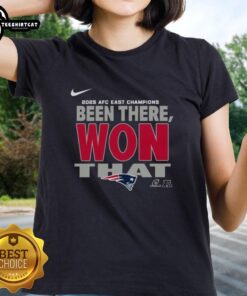 Alt Text: Official New England Patriots 2025 AFC East Champions ladies tee featuring team colors and logo, perfect for fans.