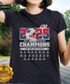 Official New England Patriots 2025 AFC East Division Champions helmet ladies tee, featuring team colors and logo.