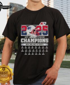 Official New England Patriots 2025 AFC East Division Champions helmet t-shirt showcasing team pride and victory.