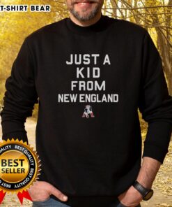 Official New England Patriots 'Just A Kid From New England' sweatshirt in navy blue, perfect for fans and chilly days.