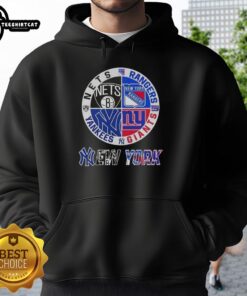 Official New York City sports hoodie featuring logos of Nets, Rangers, Giants, and Yankees for fans and collectors.