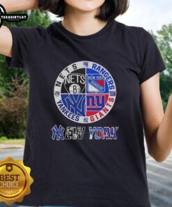 Official New York City sports logos for Nets, Rangers, Giants, and Yankees on a ladies tee shirt design.