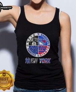 Official New York City Sports tank top featuring logos of Nets, Rangers, Giants, and Yankees for fans.