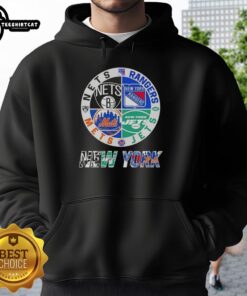 Official New York City Sports hoodie featuring Nets, Rangers, Jets, and Mets logos combined in a stylish design.