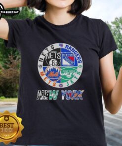 Alt Text: Official New York City sports logos for Nets, Rangers, Jets, and Mets on a ladies' tee shirt design.