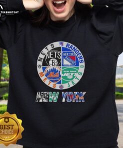 Official New York City Sports Nets, Rangers, Jets, Mets logos on a cozy sweatshirt for fans and sports enthusiasts.