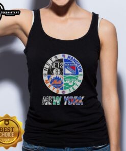 Official New York City sports tank top featuring Nets, Rangers, Jets, and Mets logos in a stylish design.