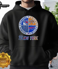 Alt Text: Official New York City sports hoodie featuring Rangers, Knicks, Bills, and Yankees logos in a stylish design.